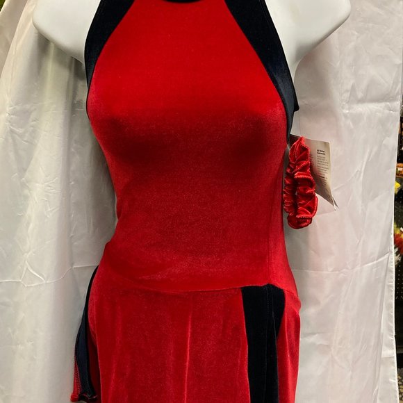 GK Deep Red & Black Adult Small Halter Velvet Figure Ice Skating Dress SK732 - Picture 1 of 8